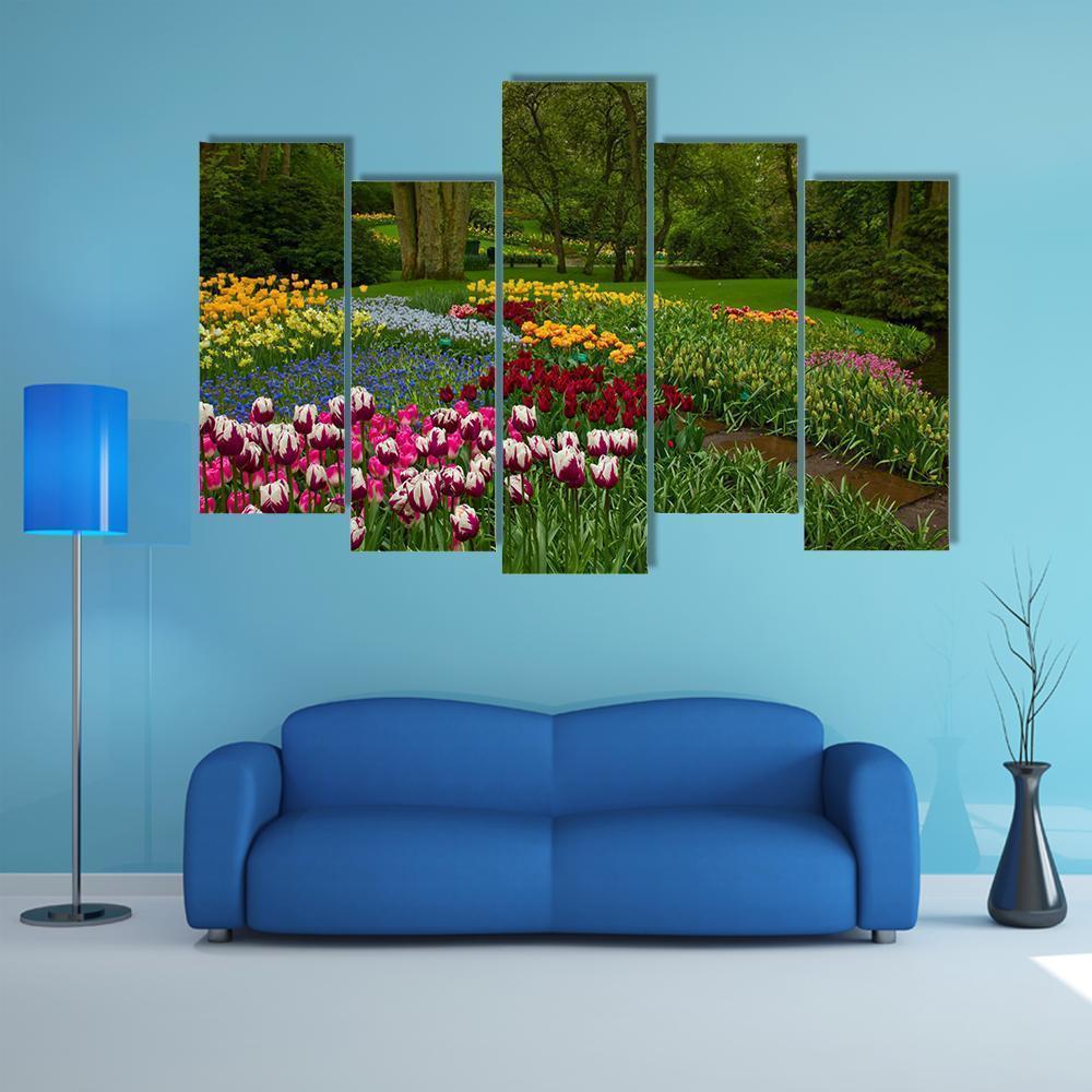 Spring Flowers And Blossom In Dutch Garden Keukenhof Canvas Wall Art-5 Pop-Gallery Wrap-47" x 32"-Tiaracle