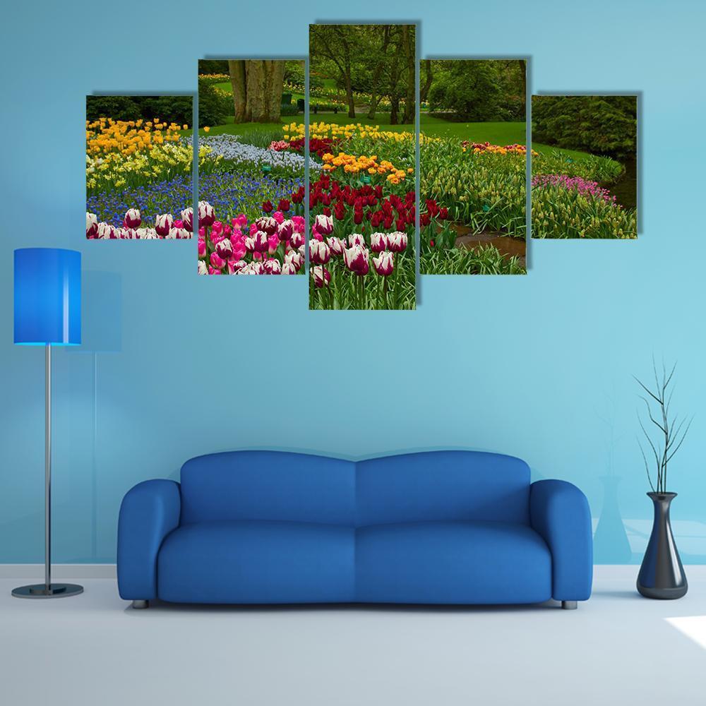 Spring Flowers And Blossom In Dutch Garden Keukenhof Canvas Wall Art-5 Star-Gallery Wrap-62" x 32"-Tiaracle