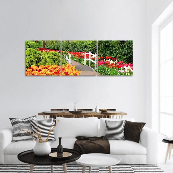 Spring Flowers At Keukenhof Gardens Panoramic Canvas Wall Art-3 Piece-25" x 08"-Tiaracle