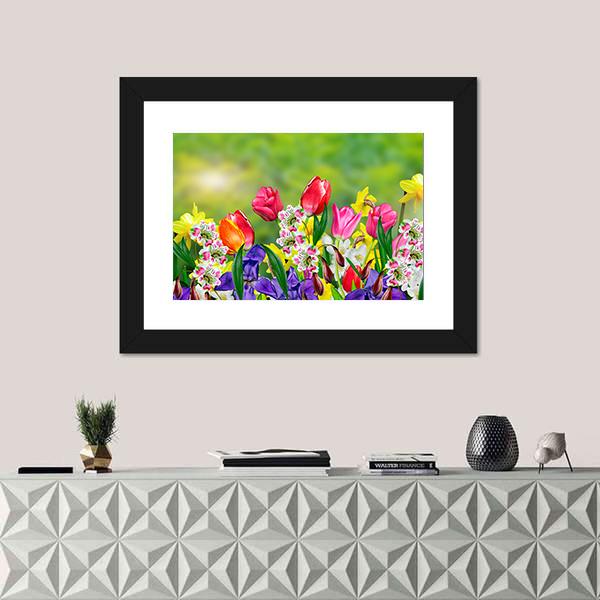 Spring Flowers Daffodils And Tulips Canvas Wall Art-1 Piece-Framed Print-20" x 16"-Tiaracle