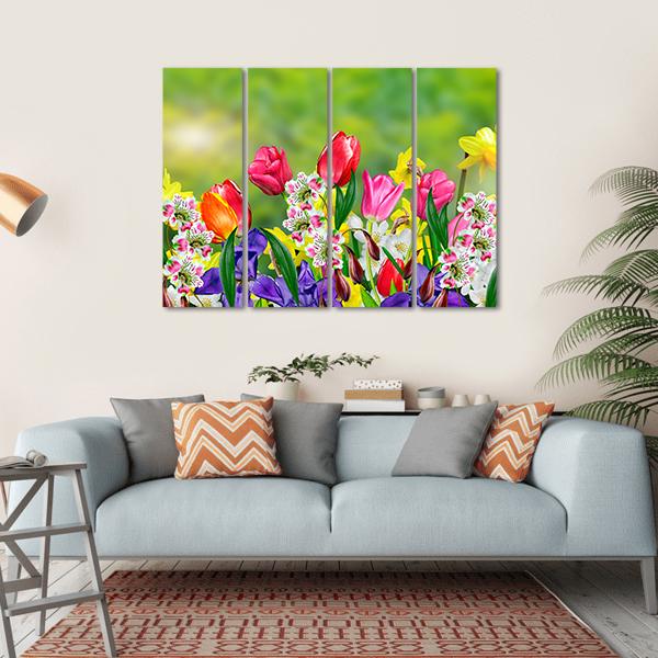 Spring Flowers Daffodils And Tulips Canvas Wall Art-4 Horizontal-Gallery Wrap-34" x 24"-Tiaracle