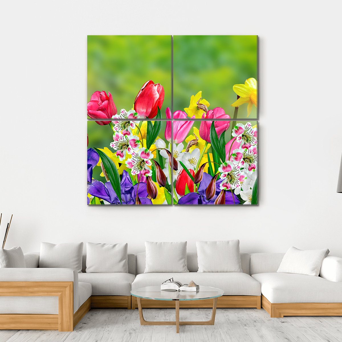 Spring Flowers Daffodils And Tulips Canvas Wall Art-4 Square-Gallery Wrap-17" x 17"-Tiaracle
