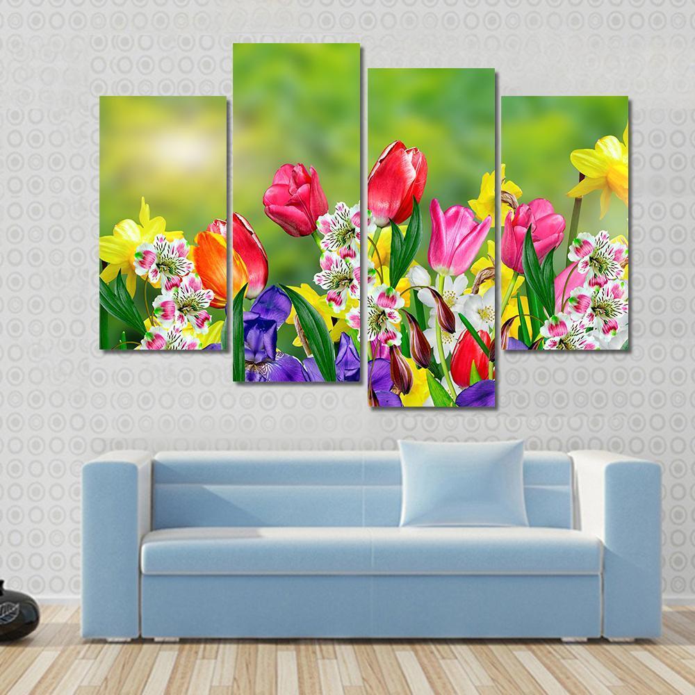 Spring Flowers Daffodils And Tulips Canvas Wall Art-4 Pop-Gallery Wrap-50" x 32"-Tiaracle