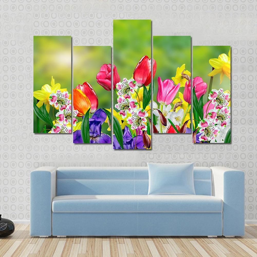 Spring Flowers Daffodils And Tulips Canvas Wall Art-5 Pop-Gallery Wrap-47" x 32"-Tiaracle