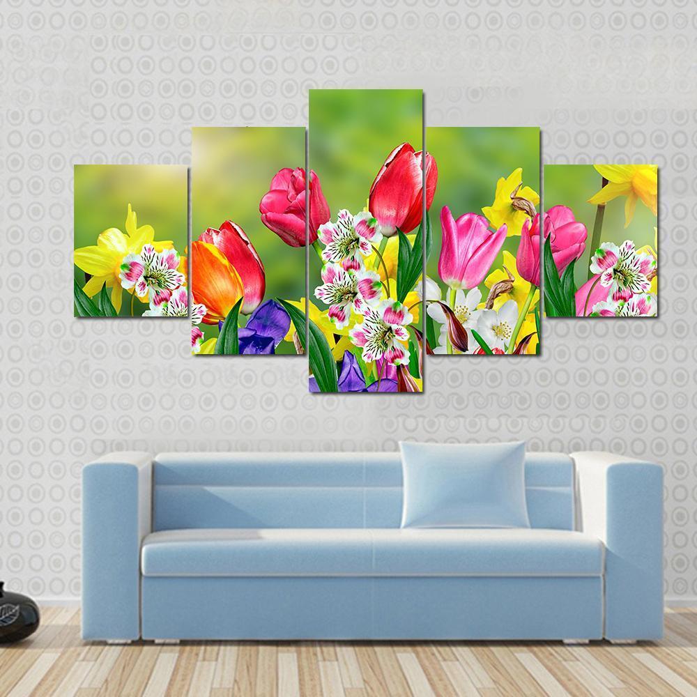 Spring Flowers Daffodils And Tulips Canvas Wall Art-3 Horizontal-Gallery Wrap-37" x 24"-Tiaracle