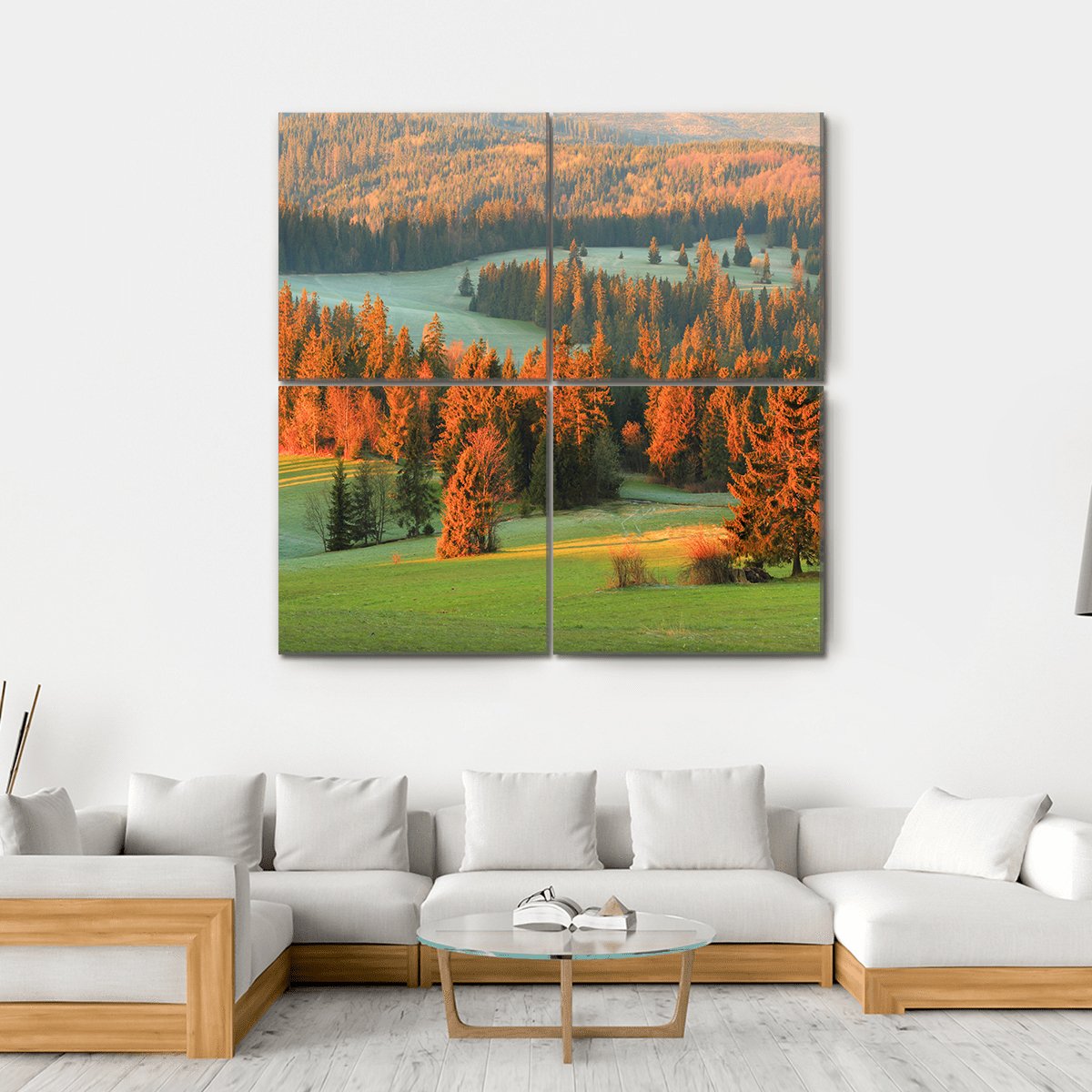 Autumn Valley Meadow and Mountains Canvas Wall Art in brown, orange and green, hung on a wall