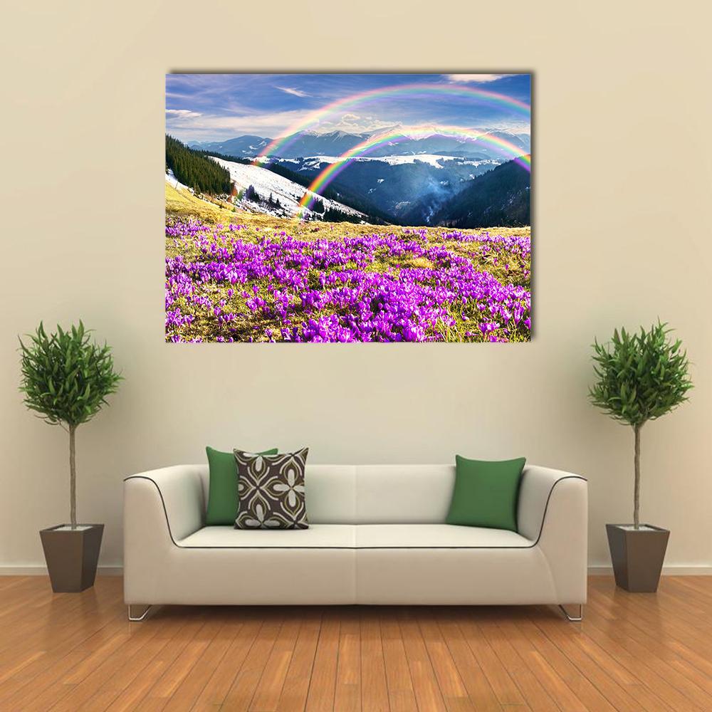 Spring in Ukraine's Wild Mountains Canvas Wall Art in green, blue and purple, single panel hung on a wall