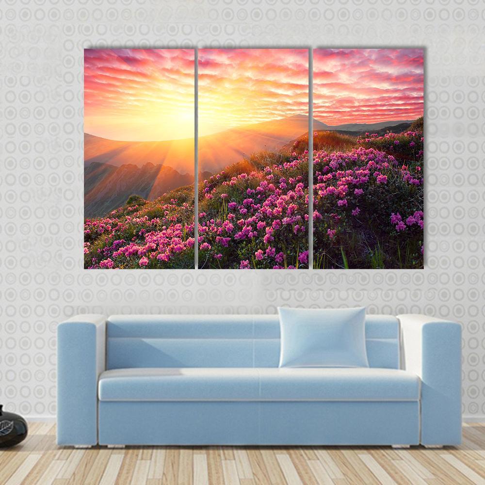Spring Mountains Landscape &amp; Cloudy Sunset Canvas Wall Art-3 Horizontal-Gallery Wrap-37" x 24"-Tiaracle