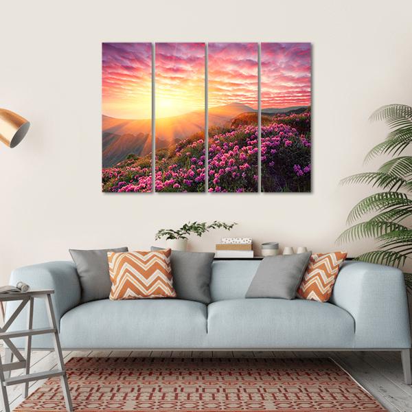 Spring Sunrise Over Mountain Rhododendrons Canvas Wall Art in orange, yellow and pink, single panel hung on a wall