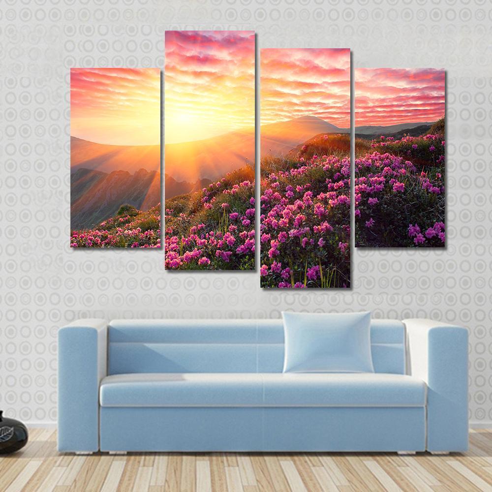 Spring Mountains Landscape &amp; Cloudy Sunset Canvas Wall Art-4 Pop-Gallery Wrap-50" x 32"-Tiaracle