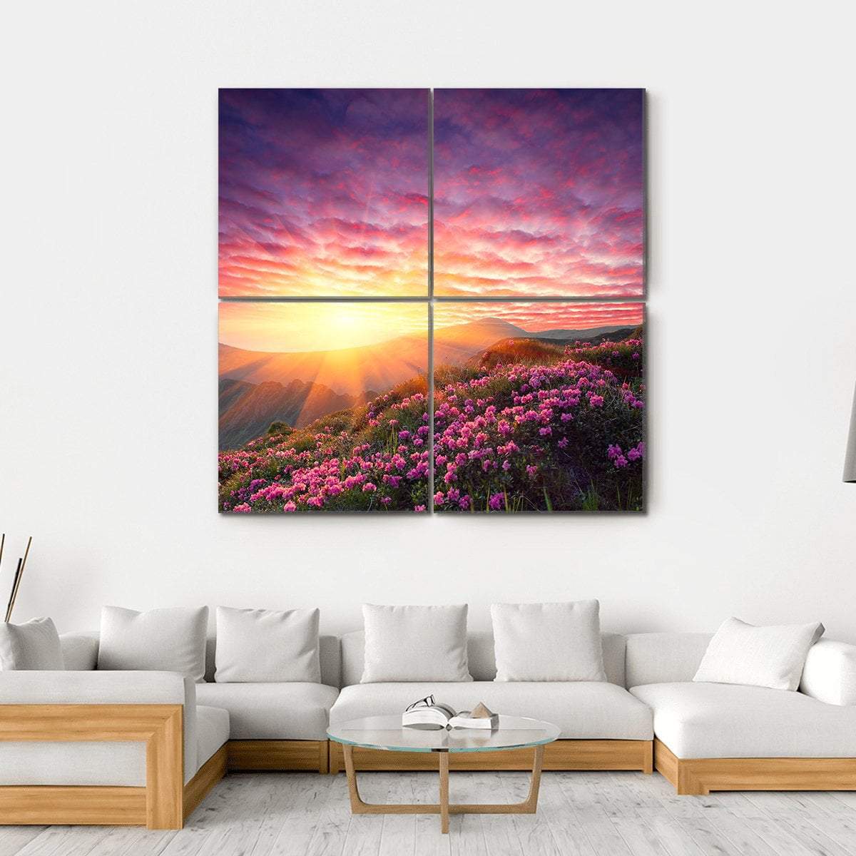 Spring Sunrise Over Mountain Rhododendrons Canvas Wall Art in orange, yellow and pink, single panel hung on a wall