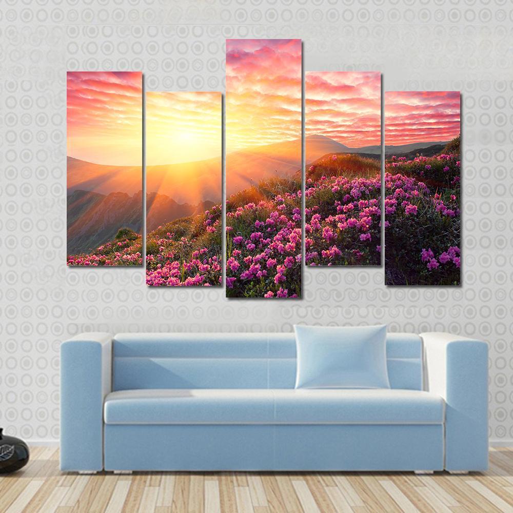 Spring Mountains Landscape &amp; Cloudy Sunset Canvas Wall Art-5 Pop-Gallery Wrap-47" x 32"-Tiaracle