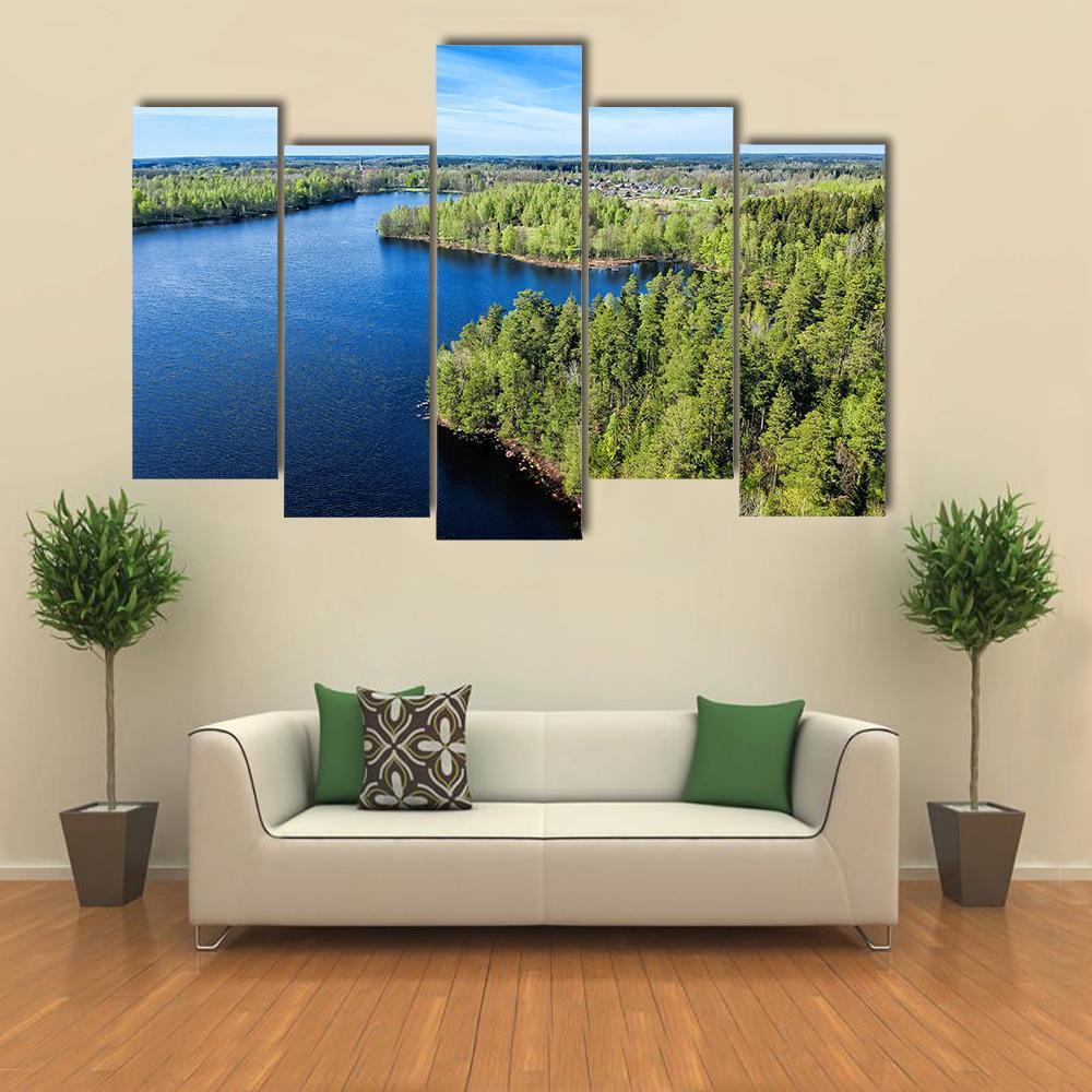Spring Landscape Over Swedish Lake Canvas Wall Art-5 Pop-Gallery Wrap-47" x 32"-Tiaracle