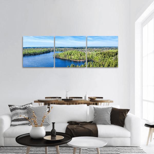 Spring Landscape Over Swedish Lake Panoramic Canvas Wall Art-3 Piece-25" x 08"-Tiaracle