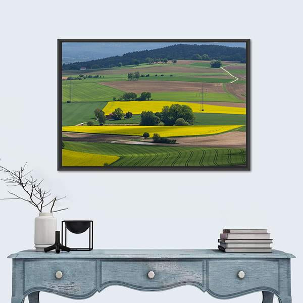 Spring Landscape With Canola Fields In Bavaria Canvas Wall Art-1 Piece-Floating Frame-24" x 16"-Tiaracle