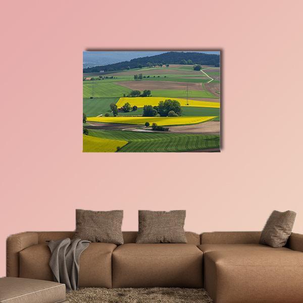 Spring Canola Fields Landscape Canvas Wall Art in yellow and green, single panel hung on a wall
