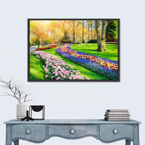 Multicolor Tulip Garden in Spring Canvas Wall Art in yellow, green and multicolor, framed canvas, product view on a white background