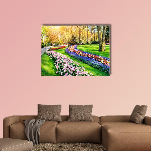 Spring Landscape With Multicolor Tulips Canvas Wall Art-1 Piece-Gallery Wrap-48" x 32"-Tiaracle