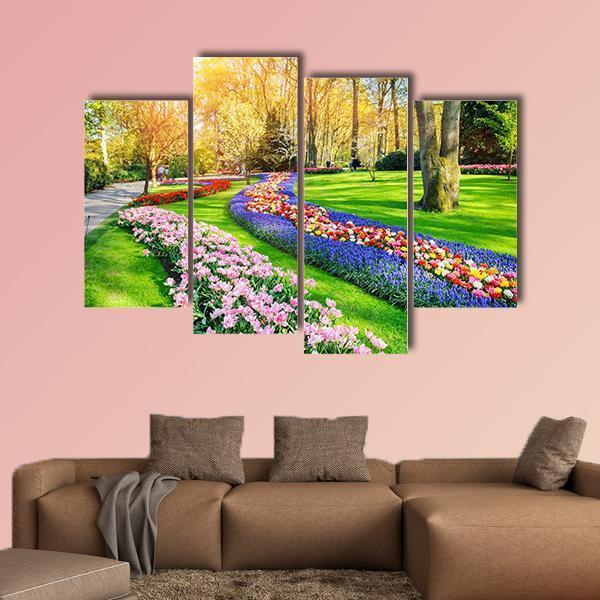 Spring Landscape With Multicolor Tulips Canvas Wall Art-1 Piece-Gallery Wrap-48" x 32"-Tiaracle