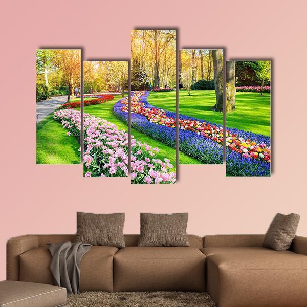 Spring Landscape With Multicolor Tulips Canvas Wall Art-5 Pop-Gallery Wrap-47&quot; x 32&quot;-Tiaracle