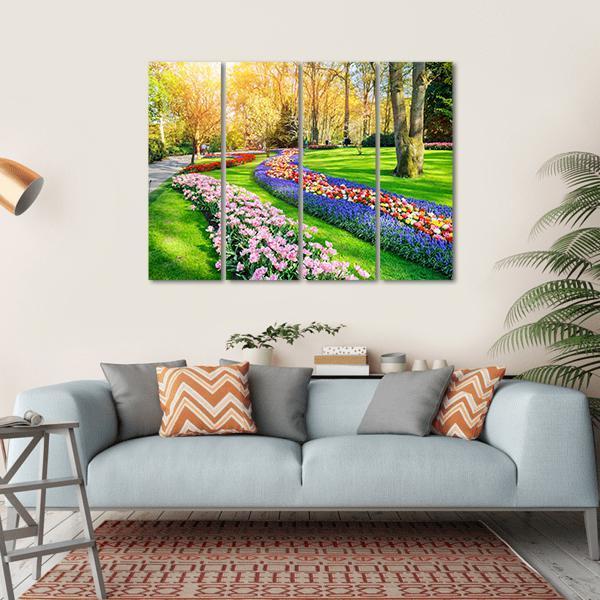Spring Landscape With Multicolor Tulips Canvas Wall Art-4 Horizontal-Gallery Wrap-34" x 24"-Tiaracle