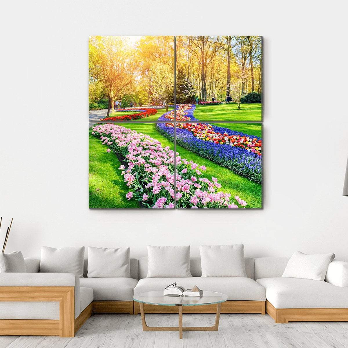 Spring Landscape With Multicolor Tulips Canvas Wall Art-4 Square-Gallery Wrap-17" x 17"-Tiaracle