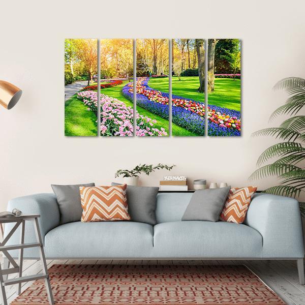 Spring Landscape With Multicolor Tulips Canvas Wall Art-5 Horizontal-Gallery Wrap-22" x 12"-Tiaracle