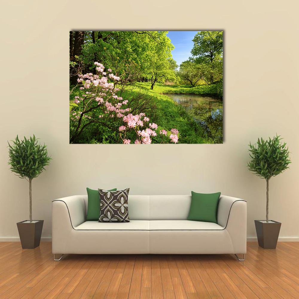 Spring Landscape With Pond And Rhododendron Canvas Wall Art-1 Piece-Gallery Wrap-36" x 24"-Tiaracle