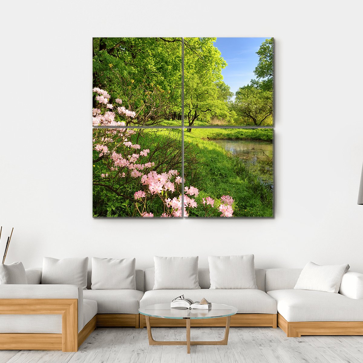 Spring Pond with Rhododendrons and Pink Azaleas Canvas Wall Art in green, blue and pink, hung on a wall