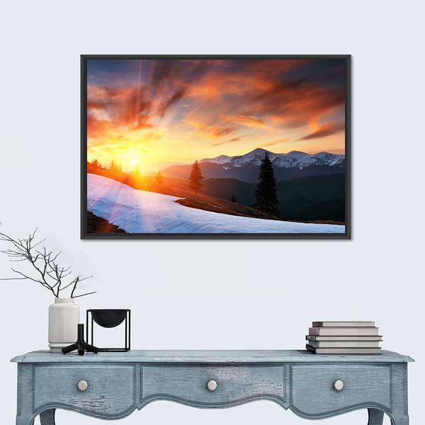 Cloudy Sunset Over Snow-capped Peaks Canvas Wall Art in white, orange and blue, framed canvas, product view on a white background
