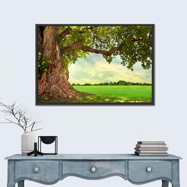 Spring Meadow With Big Tree Canvas Wall Art-1 Piece-Floating Frame-24" x 16"-Tiaracle