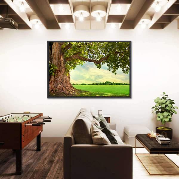 Spring Meadow With Big Tree Canvas Wall Art-3 Horizontal-Gallery Wrap-25" x 16"-Tiaracle