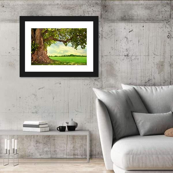 Spring Meadow With Big Tree Canvas Wall Art-3 Horizontal-Gallery Wrap-25" x 16"-Tiaracle