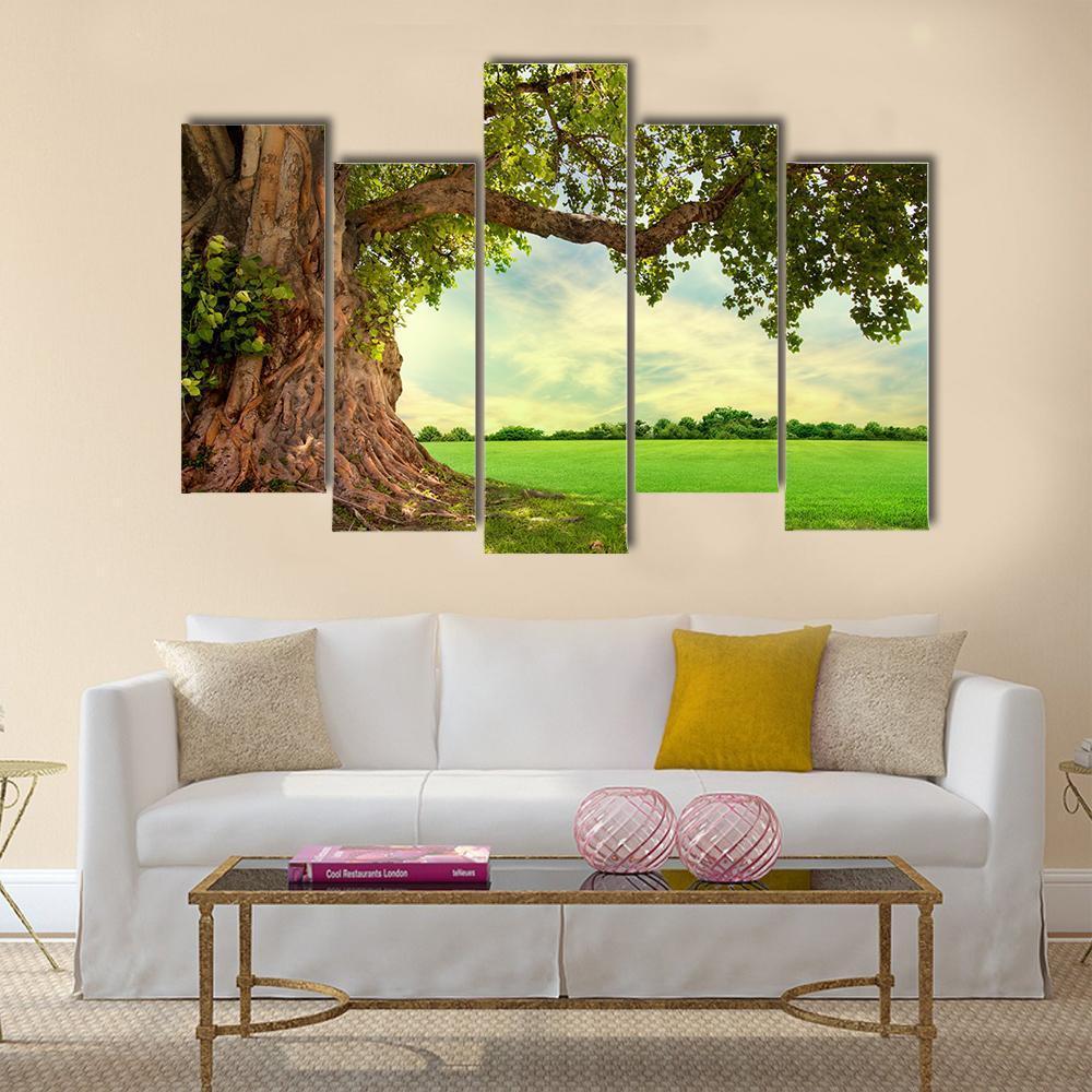 Spring Meadow With Big Tree Canvas Wall Art-5 Pop-Gallery Wrap-47" x 32"-Tiaracle