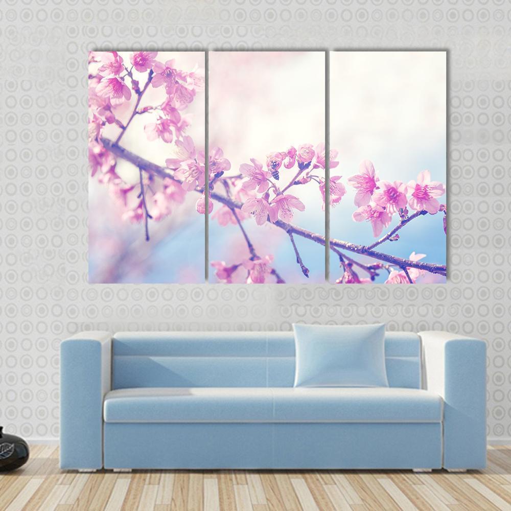Spring Sukura Pink Flower with Sun Sky Vintage Color Canvas Wall