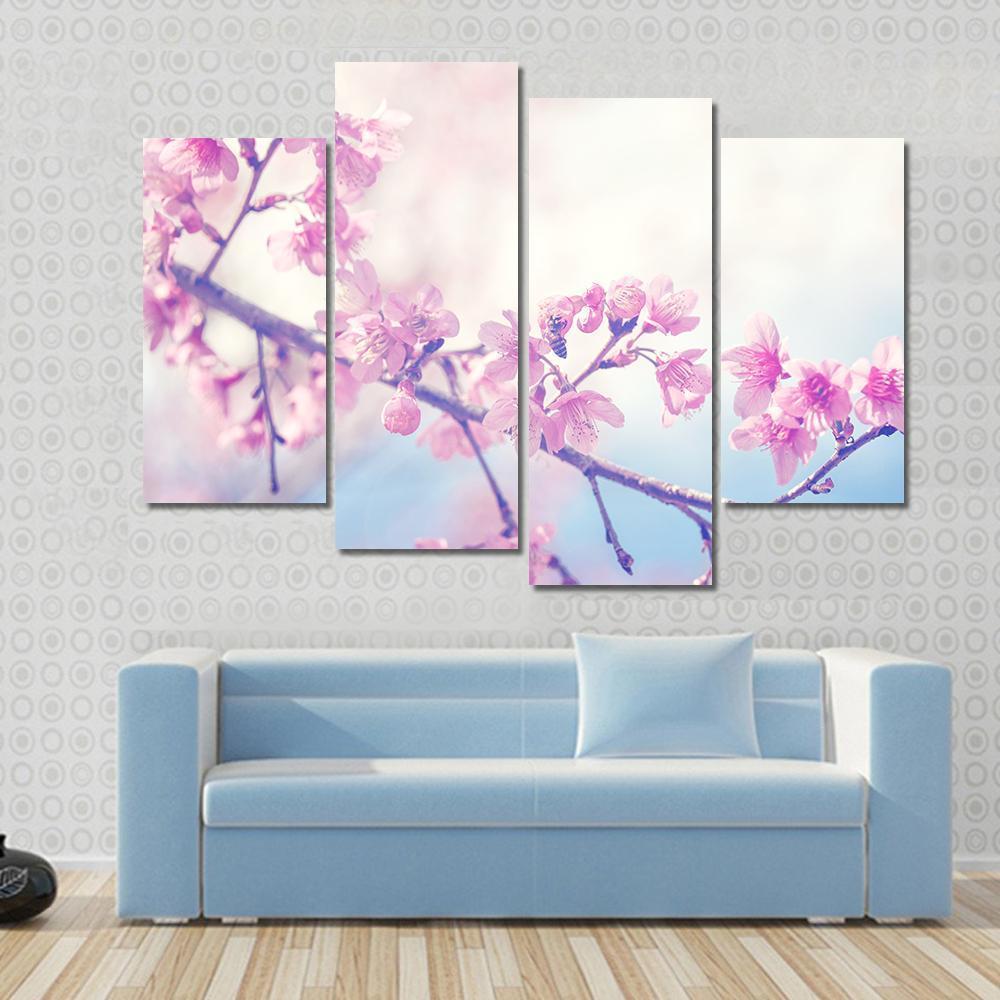 Spring Sukura Pink Flower with Sun Sky Vintage Color Canvas Wall