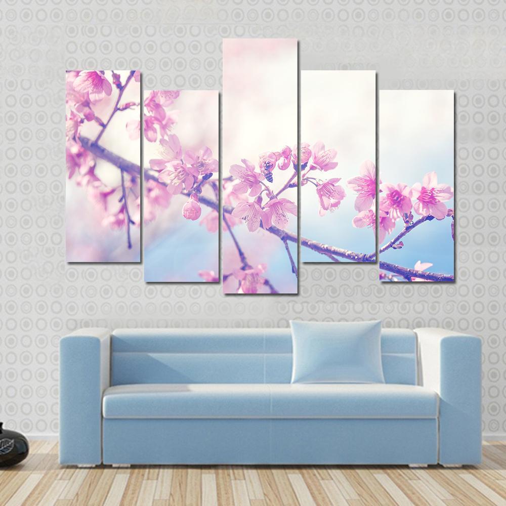 Spring Sukura Pink Flower With Sun Sky Vintage Color Canvas Wall Art-5 Pop-Gallery Wrap-47" x 32"-Tiaracle