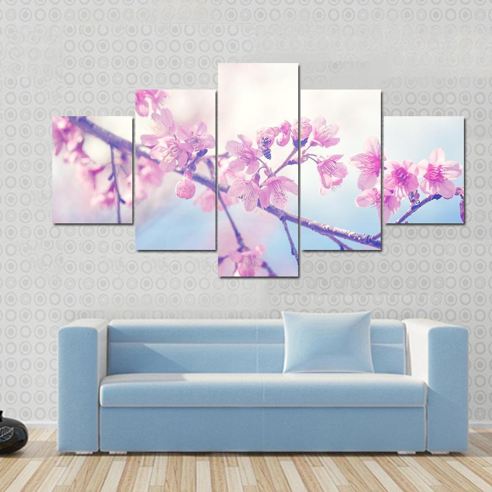 Spring Sukura Pink Flower With Sun Sky Vintage Color Canvas Wall Art-5 Pop-Gallery Wrap-47" x 32"-Tiaracle