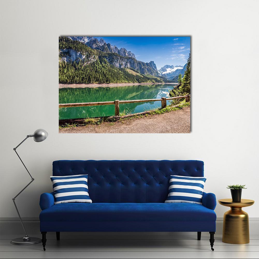 Spring Sunrise Over Gosausee Lake Canvas Wall Art in brown, green and blue, single panel hung on a wall