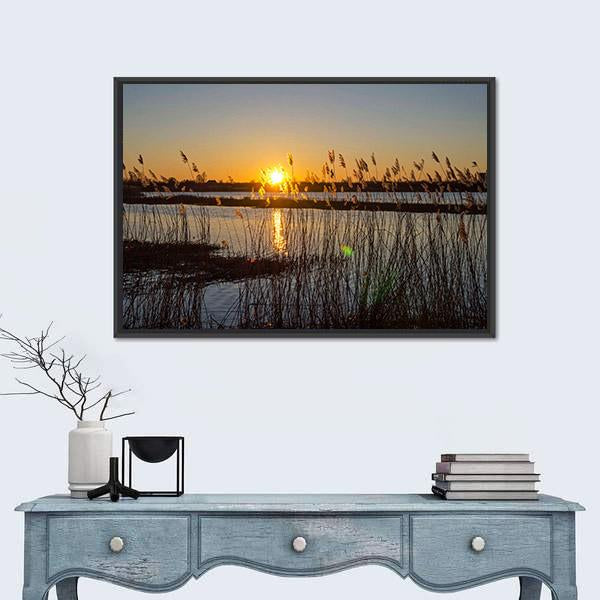 Spring Sunset On The River In Latvia Canvas Wall Art-1 Piece-Floating Frame-24" x 16"-Tiaracle