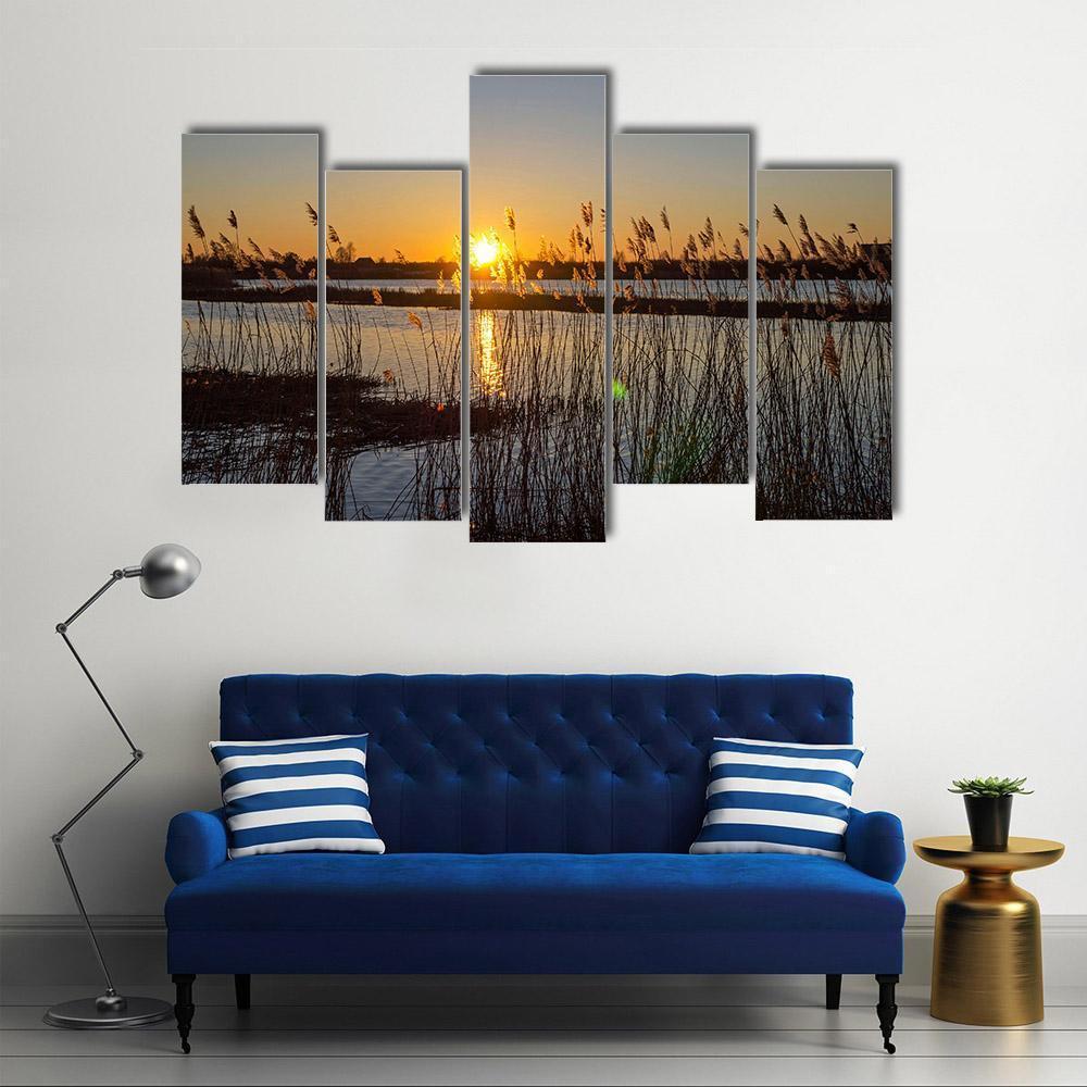 Spring Sunset On The River In Latvia Canvas Wall Art-5 Pop-Gallery Wrap-47" x 32"-Tiaracle