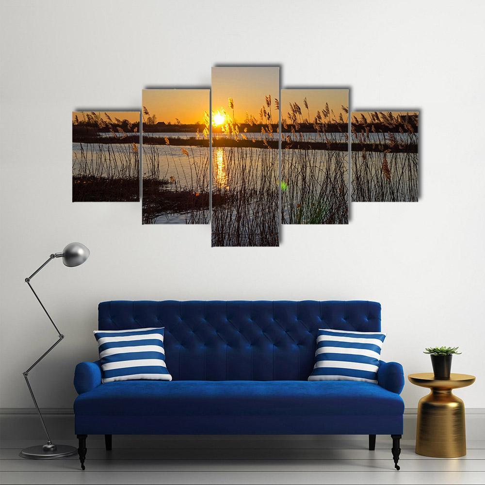 Spring Sunset On The River In Latvia Canvas Wall Art-5 Star-Gallery Wrap-62" x 32"-Tiaracle