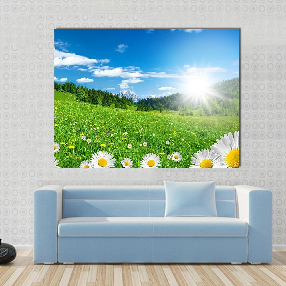 Spring Time in the Alps with Flowers and Sky Canvas Wall Art in white, green and blue, single panel hung on a wall
