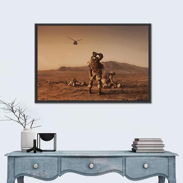 Squad Of US Marines Waiting For Medevac Bird Canvas Wall Art-1 Piece-Floating Frame-24" x 16"-Tiaracle