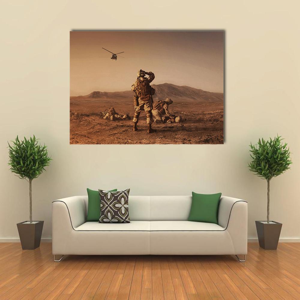 Squad Of US Marines Waiting For Medevac Bird Canvas Wall Art-4 Horizontal-Gallery Wrap-34" x 24"-Tiaracle