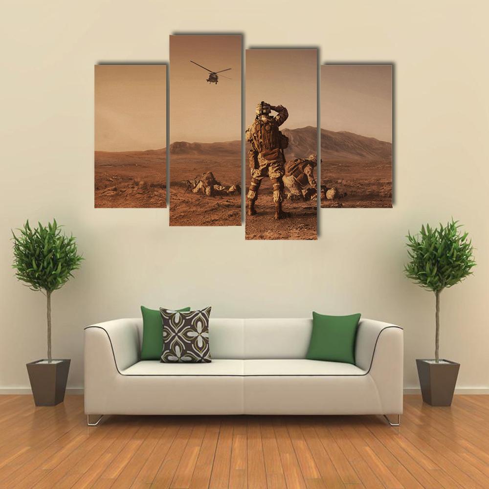 Squad Of US Marines Waiting For Medevac Bird Canvas Wall Art-4 Pop-Gallery Wrap-34" x 20"-Tiaracle