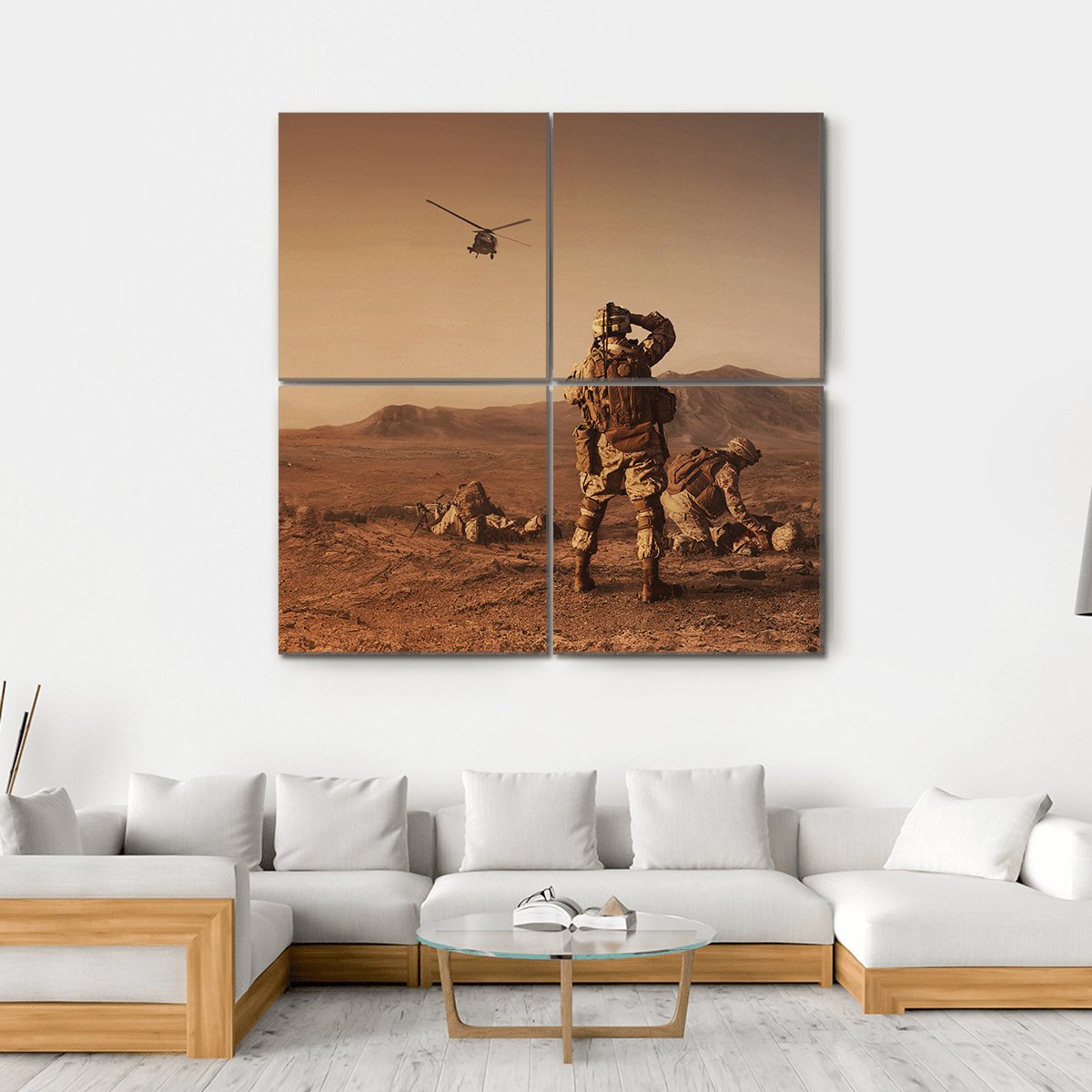 Squad Of US Marines Waiting For Medevac Bird Canvas Wall Art-4 Square-Gallery Wrap-17" x 17"-Tiaracle
