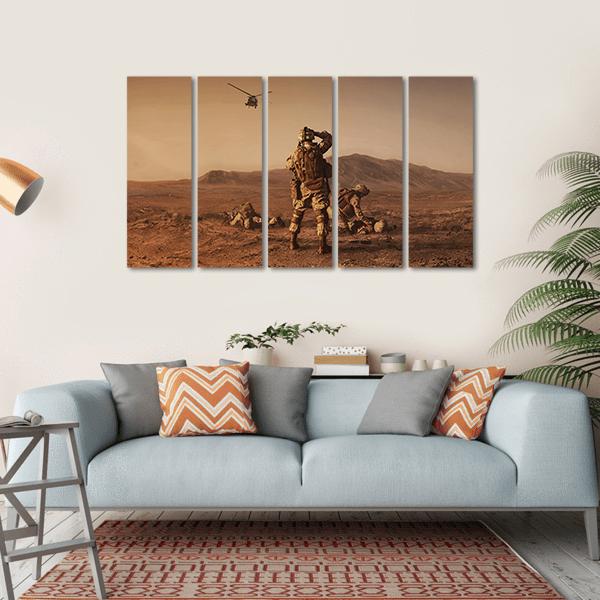 Squad Of US Marines Waiting For Medevac Bird Canvas Wall Art-5 Horizontal-Gallery Wrap-22" x 12"-Tiaracle
