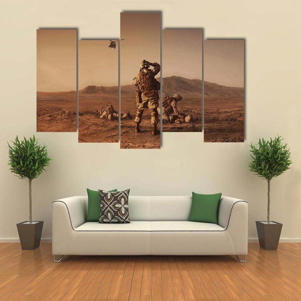Squad Of US Marines Waiting For Medevac Bird Canvas Wall Art-5 Pop-Gallery Wrap-32" x 21"-Tiaracle