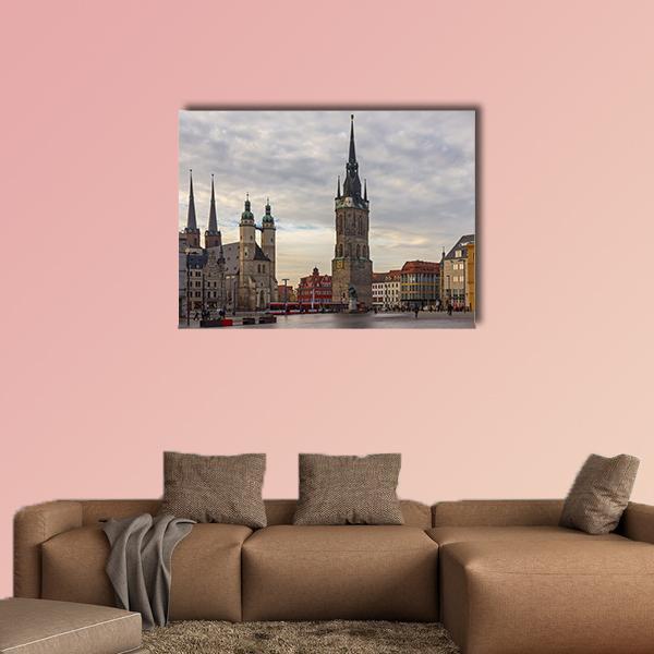 Square Market of Halle Canvas Wall Art in gray, beige and brown, single panel hung on a wall